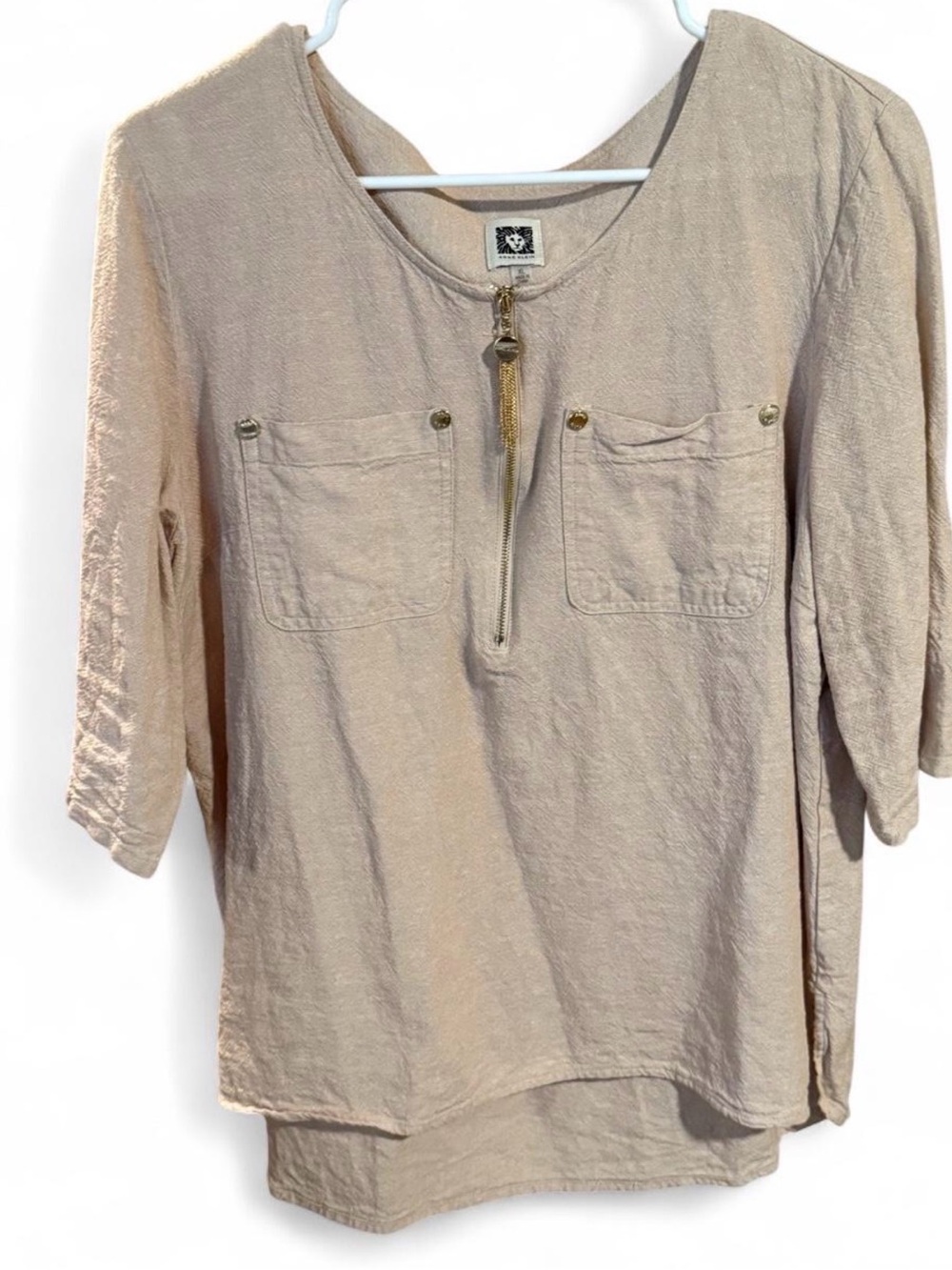 Anne Klein Blush beige Front-Zip Tunic with Chest Pockets